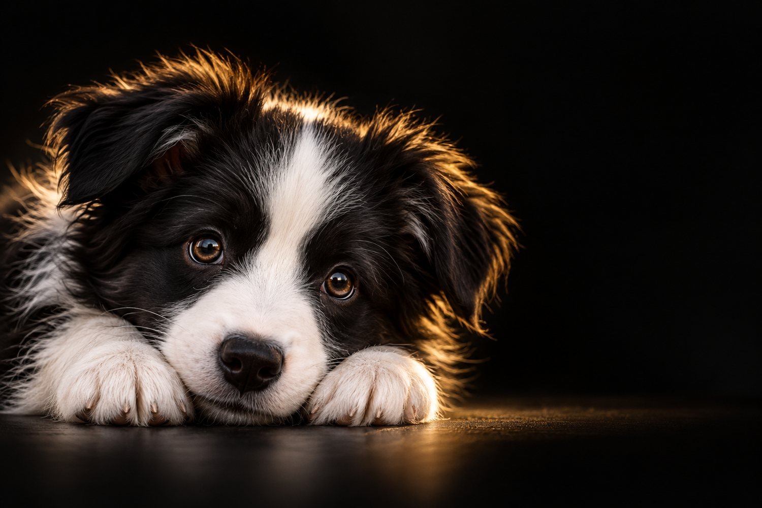 Cachorro Border Collie blanco y negro con la cabeza apoyada en sus patitas