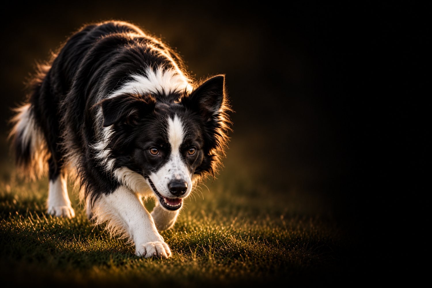 Border Collie blanco y negro en actitud atenta, iluminado con tonos dorados